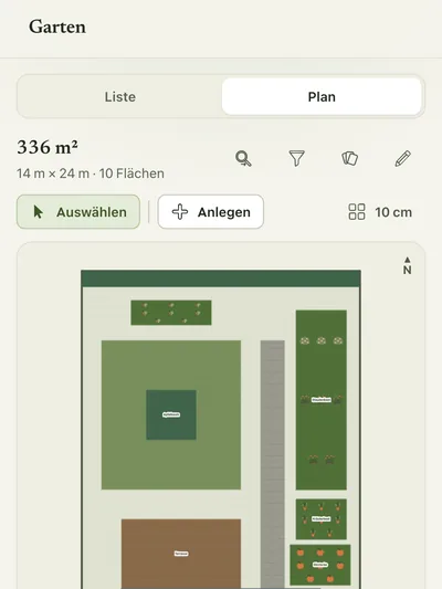 Gartenplan eines Grundstücks mit Beeten, Rasen, Weg und Haus