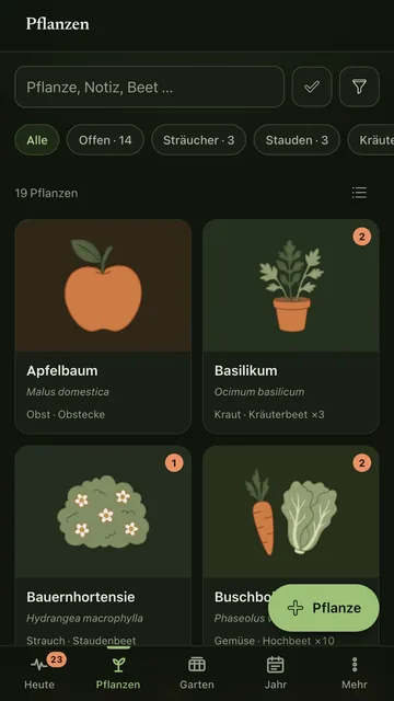 Pflanzenliste im dunklen Modus