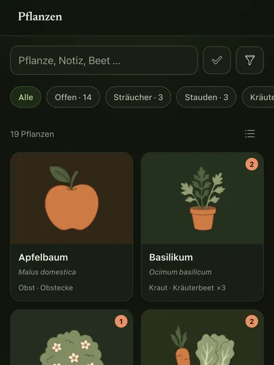 Pflanzenliste im dunklen Modus