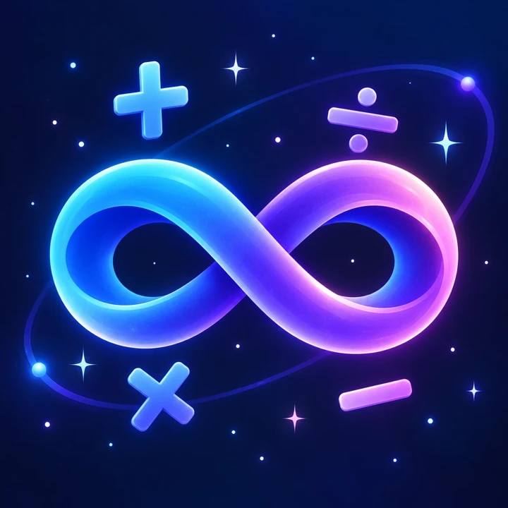 App-Symbol Einfach unendlich: eine leuchtende Acht im Sternenhimmel, umgeben von Plus, Minus, Mal und Geteilt